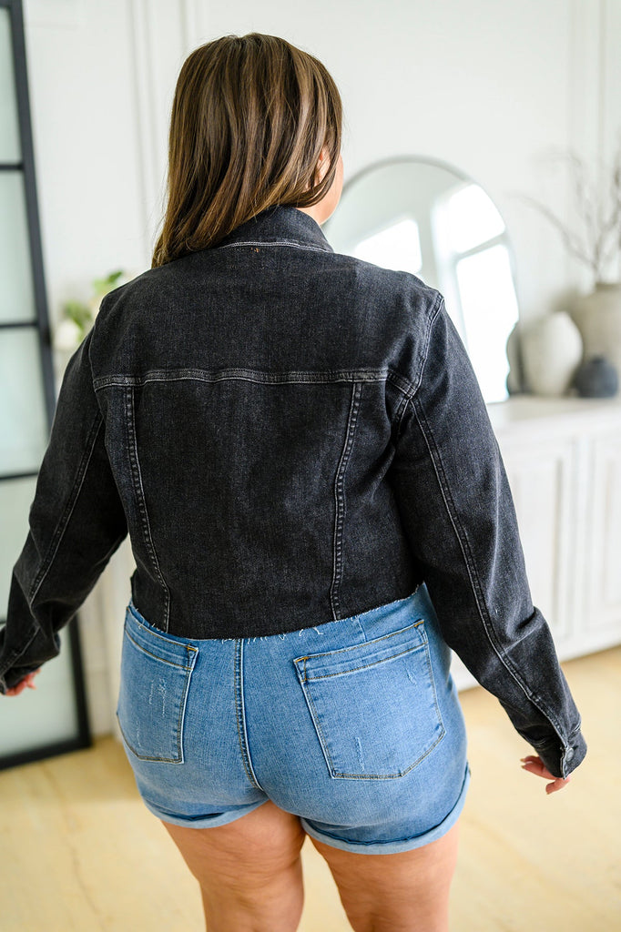 Charlie Cropped Denim Jacket in Washed Black by Judy Blue-Womens-Villari Chic, women's online fashion boutique in Severna, Maryland