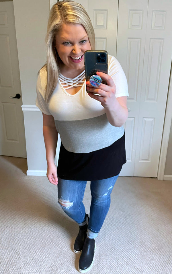 Criss-Cross Color Block Tee in Black, Grey & White-Villari Chic, women's online fashion boutique in Severna, Maryland