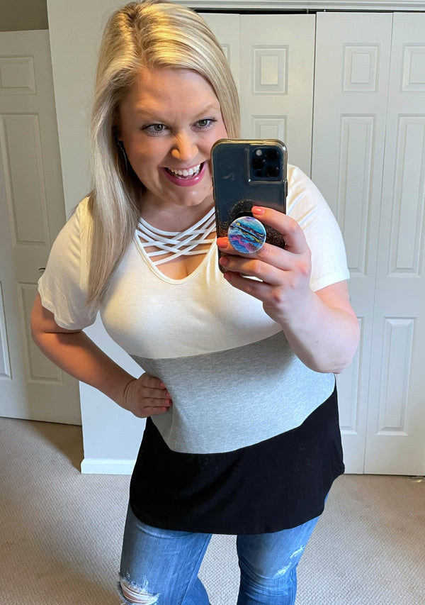 Criss-Cross Color Block Tee in Black, Grey & White-Villari Chic, women's online fashion boutique in Severna, Maryland