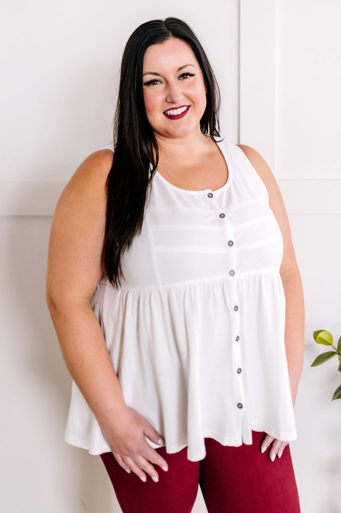 Button-Front Babydoll Sleeveless Top in Soft White-Villari Chic, women's online fashion boutique in Severna, Maryland