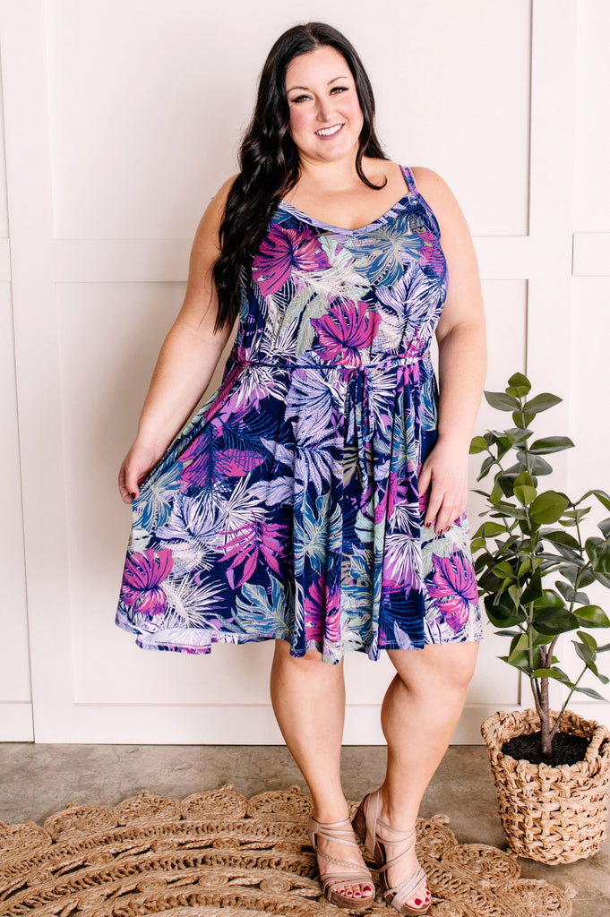 Printed Palm Dress with Tie Belt in Navy Multicolors-Villari Chic, women's online fashion boutique in Severna, Maryland