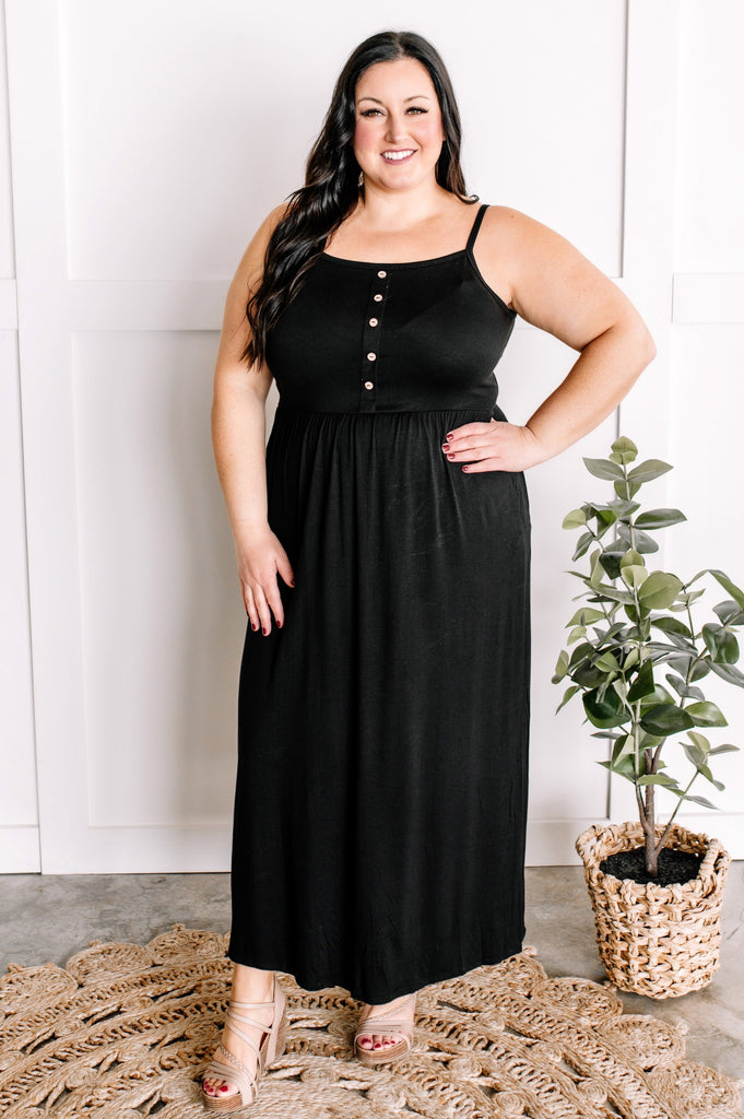 Decorative Button Front Maxi Dress With Pockets in Midnight Black-Villari Chic, women's online fashion boutique in Severna, Maryland