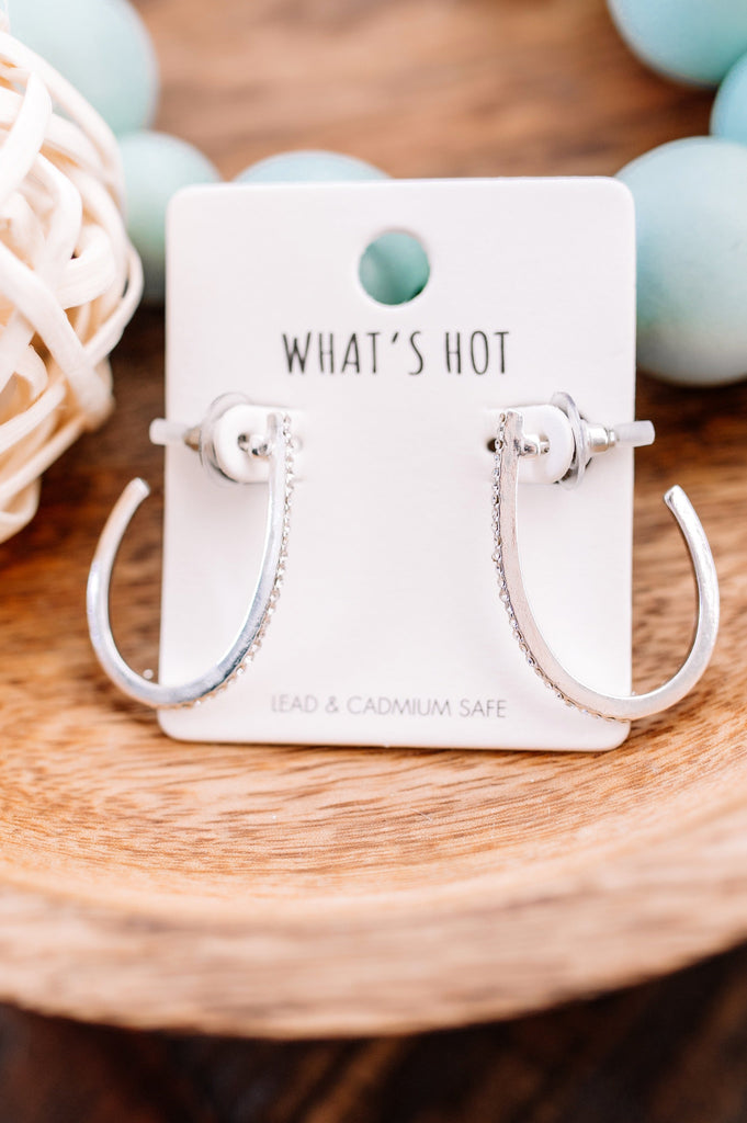 Half Hoop Earrings With Rhinestone Detail In Silver-Villari Chic, women's online fashion boutique in Severna, Maryland