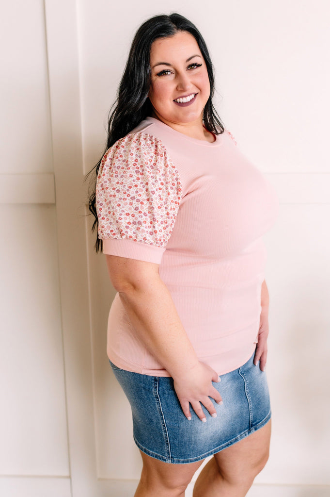 Floral Sleeve Top in Peachy Rose Knit-Villari Chic, women's online fashion boutique in Severna, Maryland