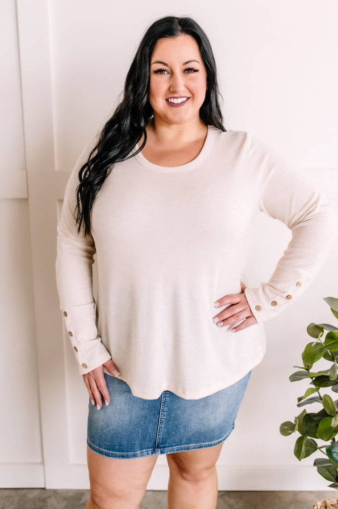 Waffle Knit Top with Button Sleeve Detail in Heathered Oatmeal-Villari Chic, women's online fashion boutique in Severna, Maryland