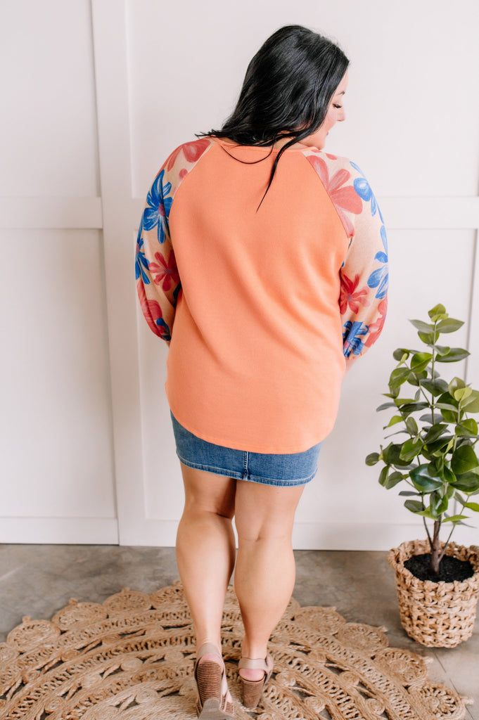 Floral Sleeve Knit Top in Coral Multi-Villari Chic, women's online fashion boutique in Severna, Maryland