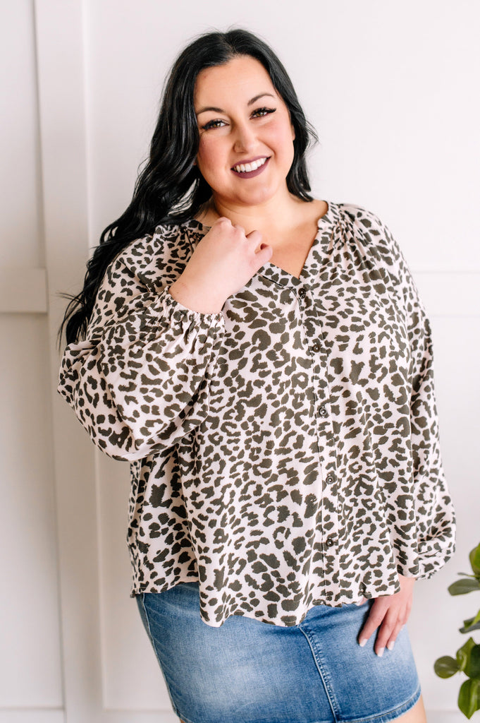 Button Detail Blouse in Olive Animal Print-Villari Chic, women's online fashion boutique in Severna, Maryland