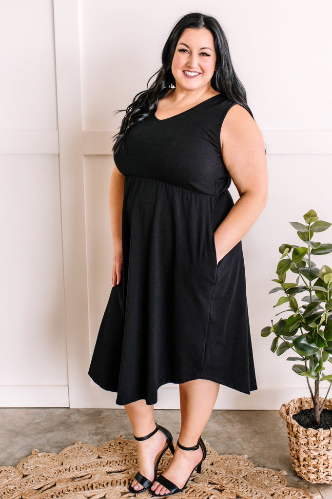 V Neck Cotton Midi Dress with Pockets in Solid Black-Villari Chic, women's online fashion boutique in Severna, Maryland