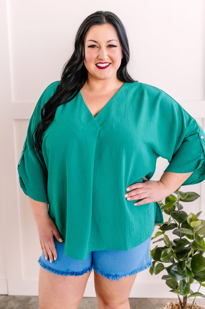 Pleated Blouse with Button Sleeve Detail in Tropical Green-Villari Chic, women's online fashion boutique in Severna, Maryland