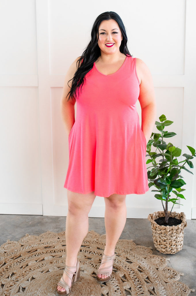 Sleeveless V Neck Dress with Pockets in Neon Pink-Villari Chic, women's online fashion boutique in Severna, Maryland