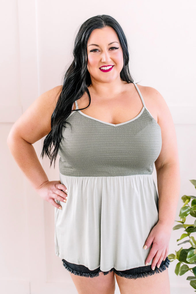 Smocked Babydoll Sleeveless Top in Boutique Sage-Villari Chic, women's online fashion boutique in Severna, Maryland