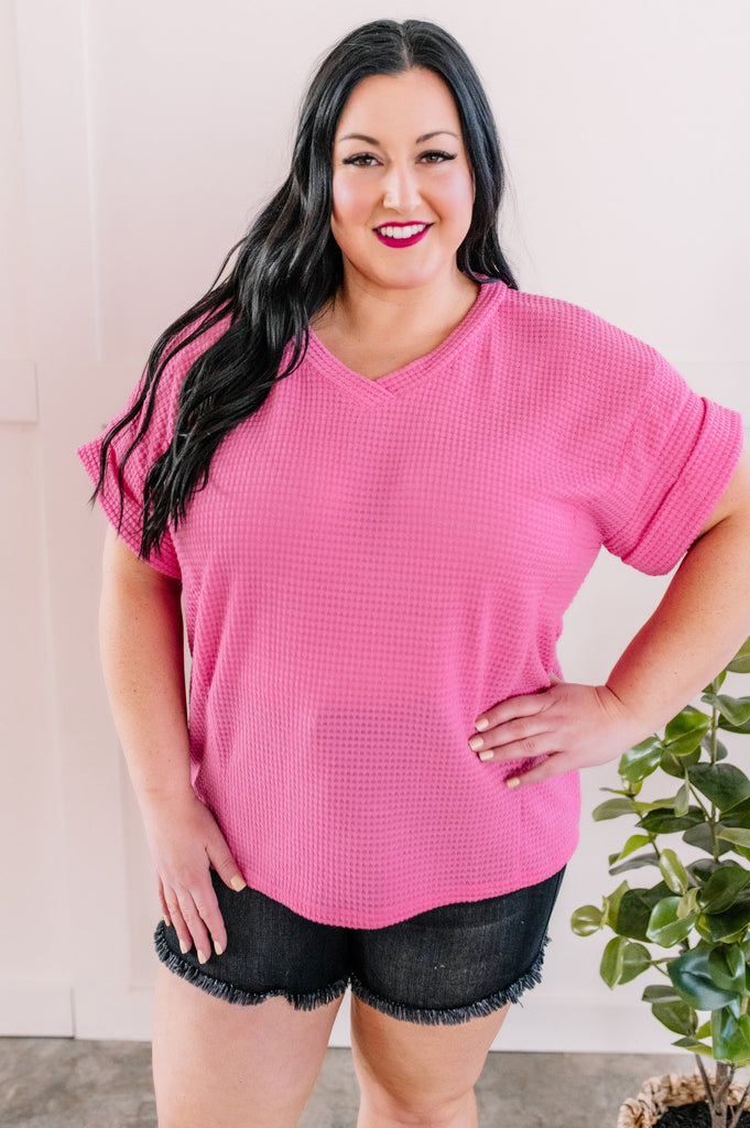 V Neck Waffle Knit Top in Summer Pink-Villari Chic, women's online fashion boutique in Severna, Maryland