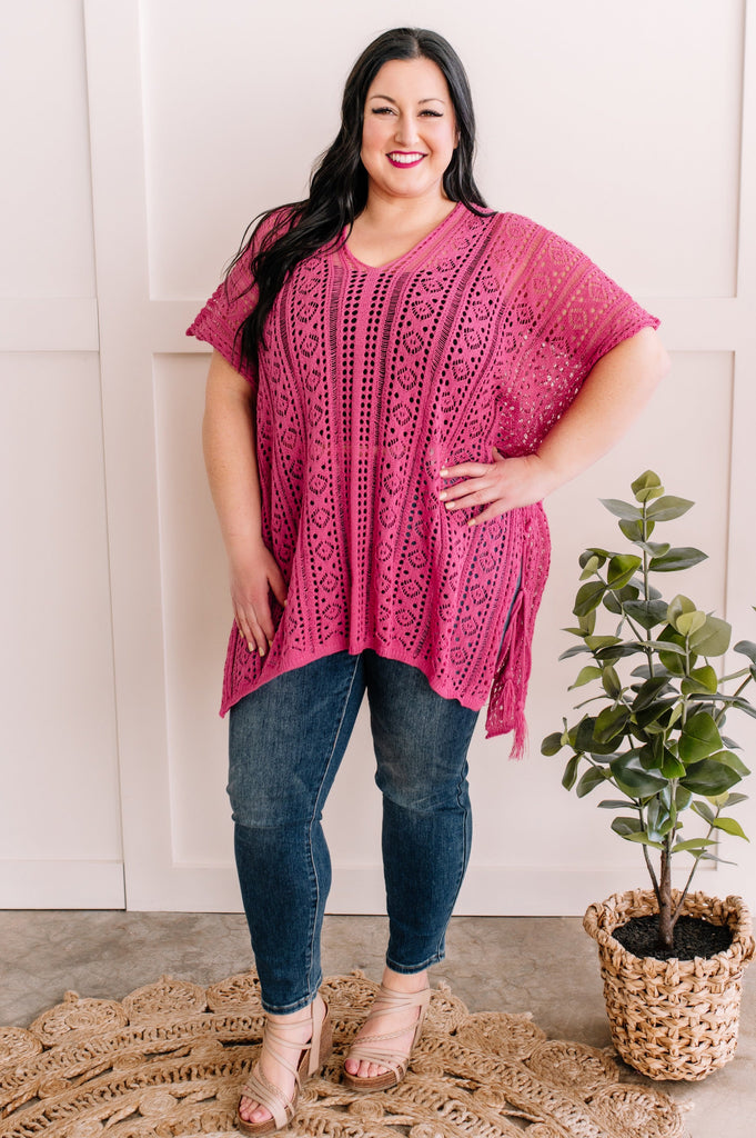 Open Knit Cover Up with Side Tassel Detail in Chic Pink-Villari Chic, women's online fashion boutique in Severna, Maryland
