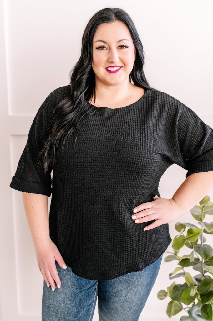Waffle Knit Top in Textured Black with Pinned Sleeves-Villari Chic, women's online fashion boutique in Severna, Maryland
