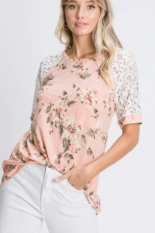 Floral Lace Raglan-Sleeve Top in Blush-Villari Chic, women's online fashion boutique in Severna, Maryland