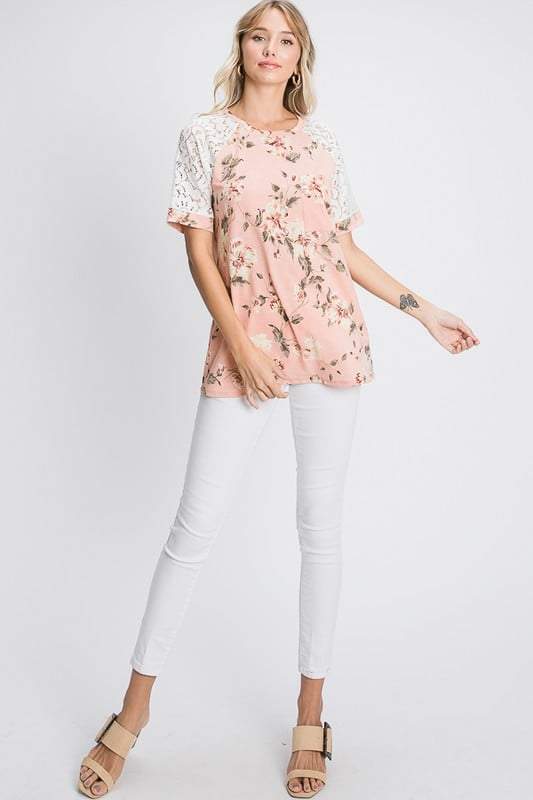 Floral Lace Raglan-Sleeve Top in Blush-Villari Chic, women's online fashion boutique in Severna, Maryland