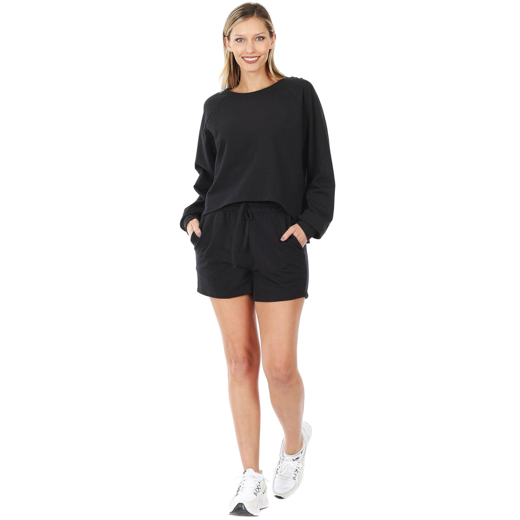 French Terry Sweatshirt & Shorts Lounge Set in Black-Villari Chic, women's online fashion boutique in Severna, Maryland