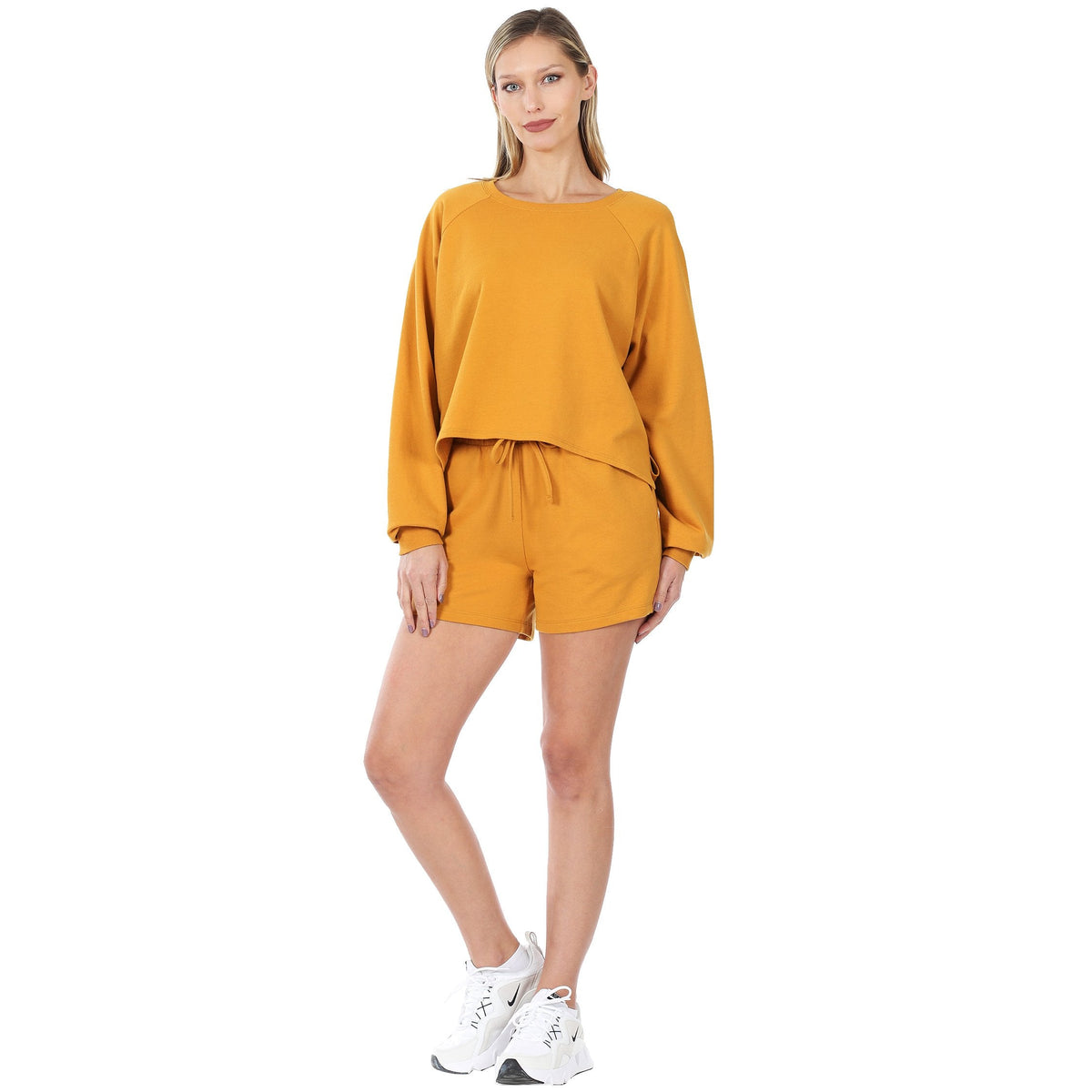 French Terry Sweatshirt & Shorts Lounge Set in Golden Mustard-Villari Chic, women's online fashion boutique in Severna, Maryland