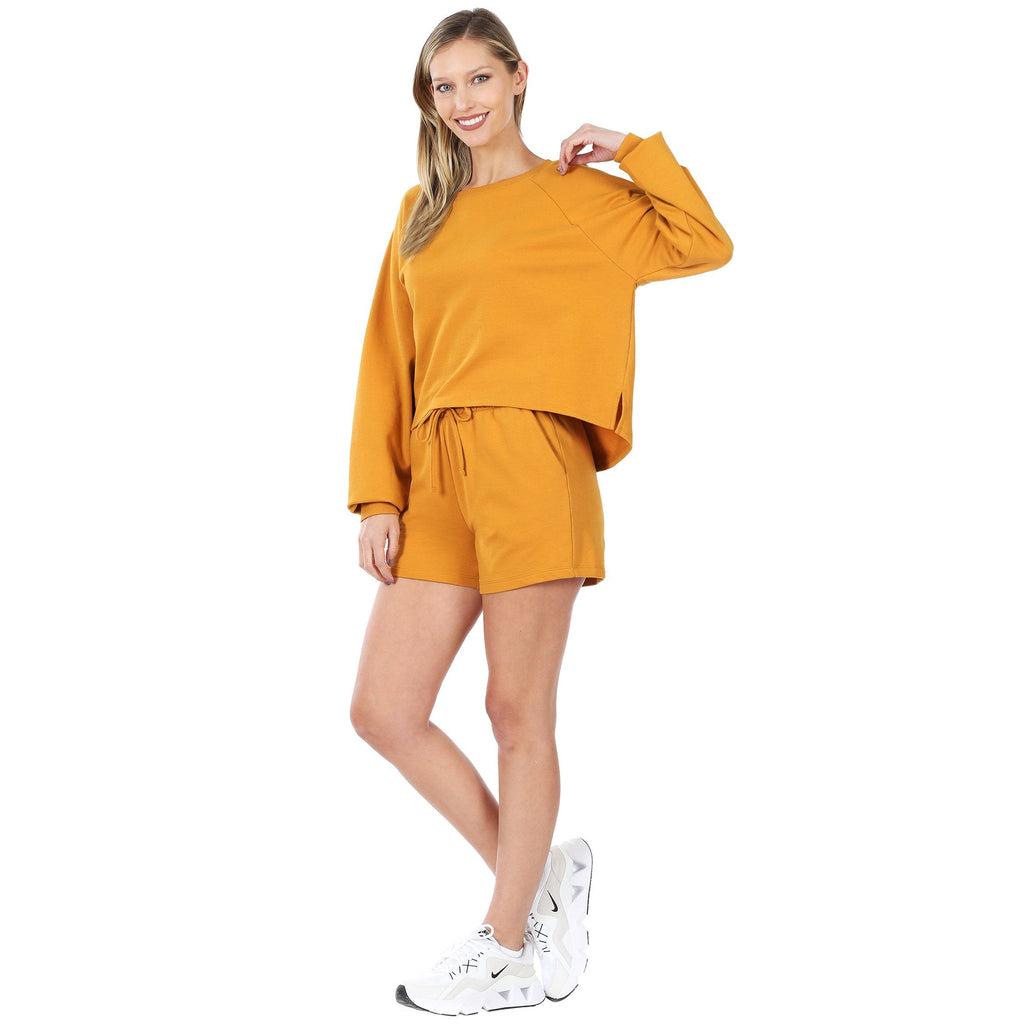 French Terry Sweatshirt & Shorts Lounge Set in Golden Mustard-Villari Chic, women's online fashion boutique in Severna, Maryland