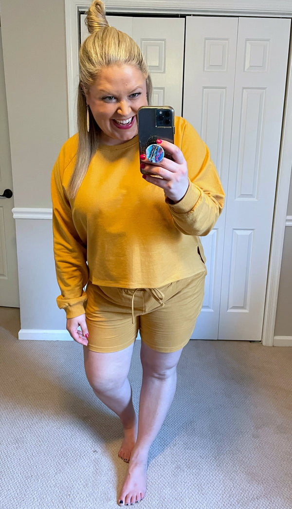 French Terry Sweatshirt & Shorts Lounge Set in Golden Mustard-Villari Chic, women's online fashion boutique in Severna, Maryland