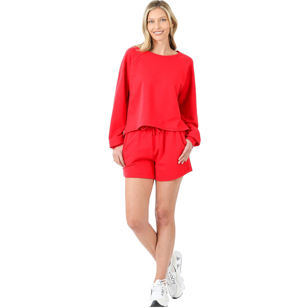 French Terry Sweatshirt & Shorts Lounge Set in Red-Villari Chic, women's online fashion boutique in Severna, Maryland