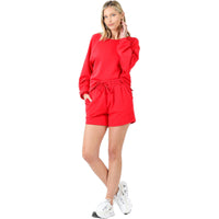 French Terry Sweatshirt & Shorts Lounge Set in Red-Villari Chic, women's online fashion boutique in Severna, Maryland