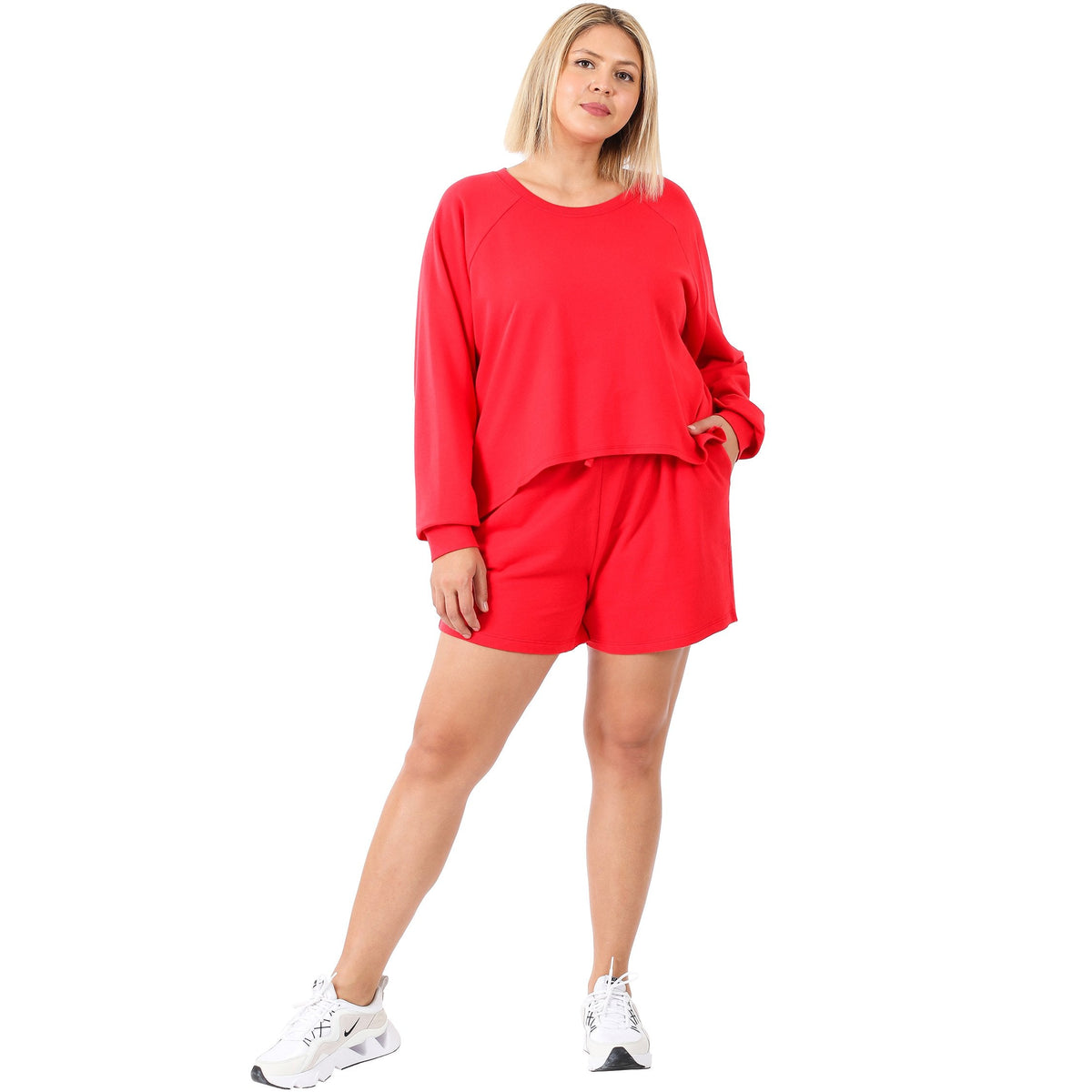 French Terry Sweatshirt & Shorts Lounge Set in Red-Villari Chic, women's online fashion boutique in Severna, Maryland