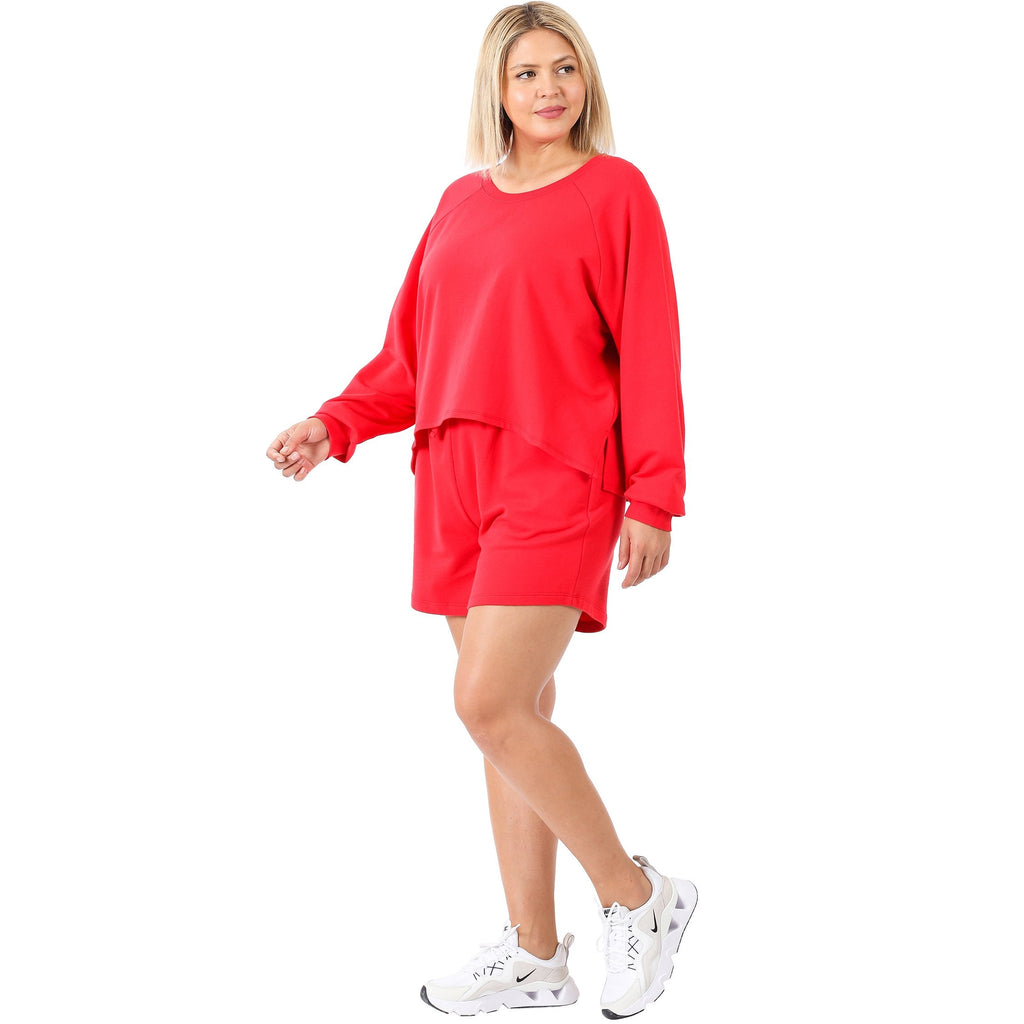 French Terry Sweatshirt & Shorts Lounge Set in Red-Villari Chic, women's online fashion boutique in Severna, Maryland
