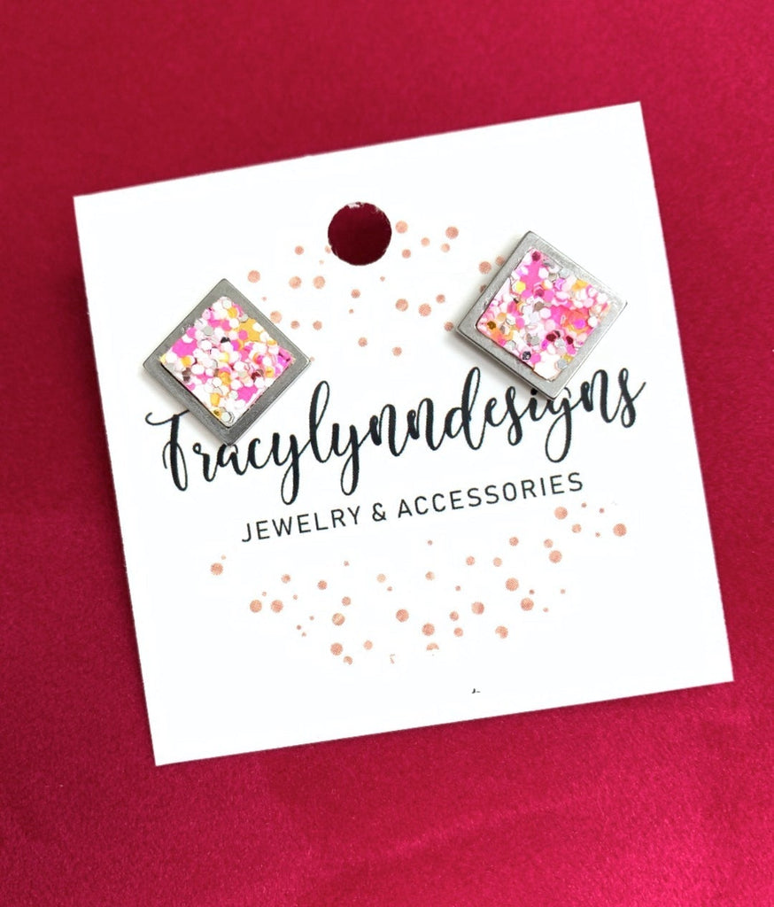 Glitter Square Stud Earrings in Pink Multi-Villari Chic, women's online fashion boutique in Severna, Maryland