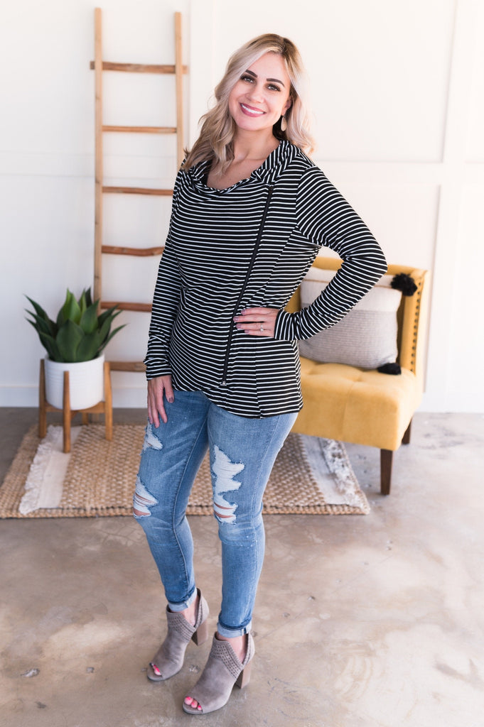 Good Intentions Zippered Top in Black-Villari Chic, women's online fashion boutique in Severna, Maryland