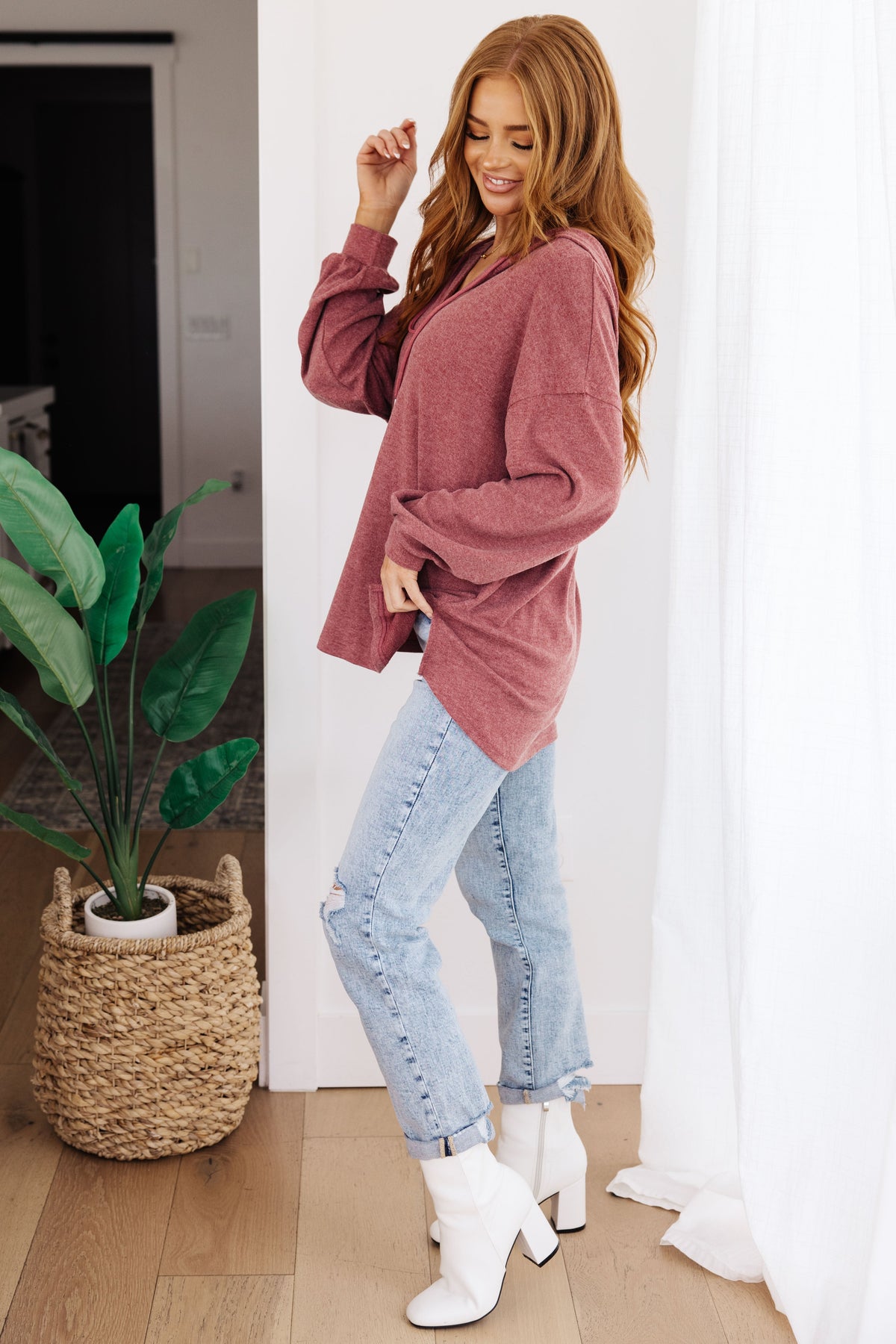 Happier Now Henley Hoodie in Burgundy-Womens-Villari Chic, women's online fashion boutique in Severna, Maryland