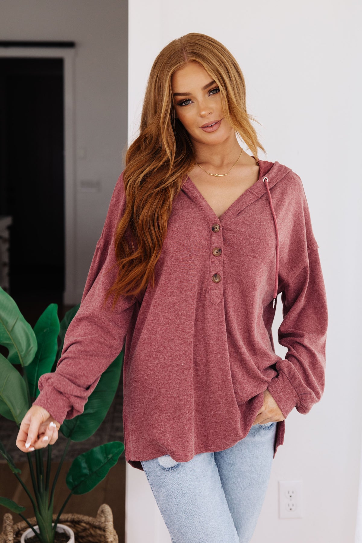 Happier Now Henley Hoodie in Burgundy-Womens-Villari Chic, women's online fashion boutique in Severna, Maryland