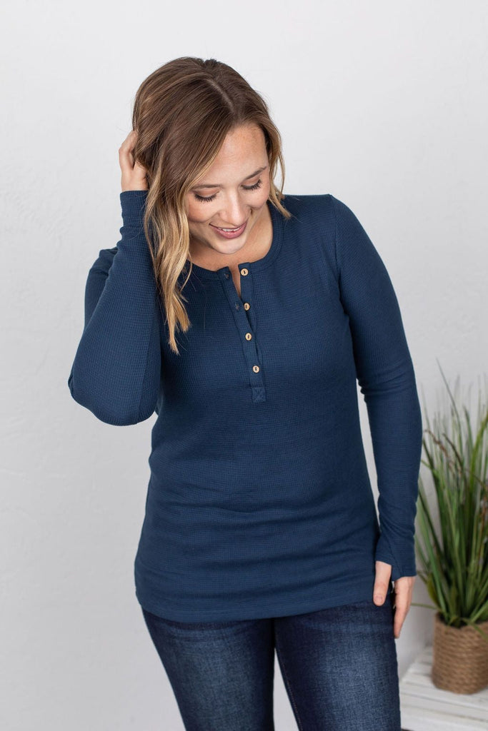 Harper Long-Sleeved Thermal Henley in Navy-Villari Chic, women's online fashion boutique in Severna, Maryland