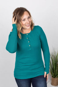 Harper Long-Sleeved Thermal Henley in Teal-Villari Chic, women's online fashion boutique in Severna, Maryland