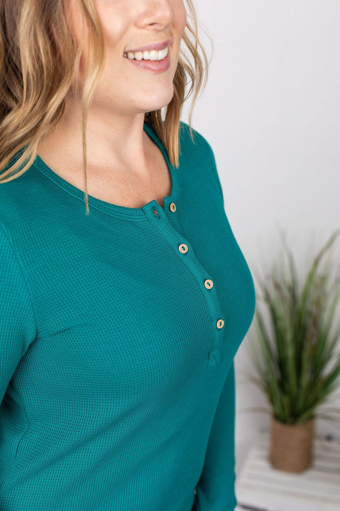 Harper Long-Sleeved Thermal Henley in Teal-Villari Chic, women's online fashion boutique in Severna, Maryland