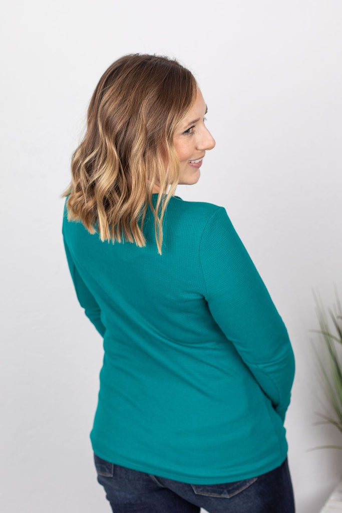 Harper Long-Sleeved Thermal Henley in Teal-Villari Chic, women's online fashion boutique in Severna, Maryland