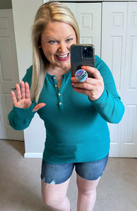 Harper Long-Sleeved Thermal Henley in Teal-Villari Chic, women's online fashion boutique in Severna, Maryland