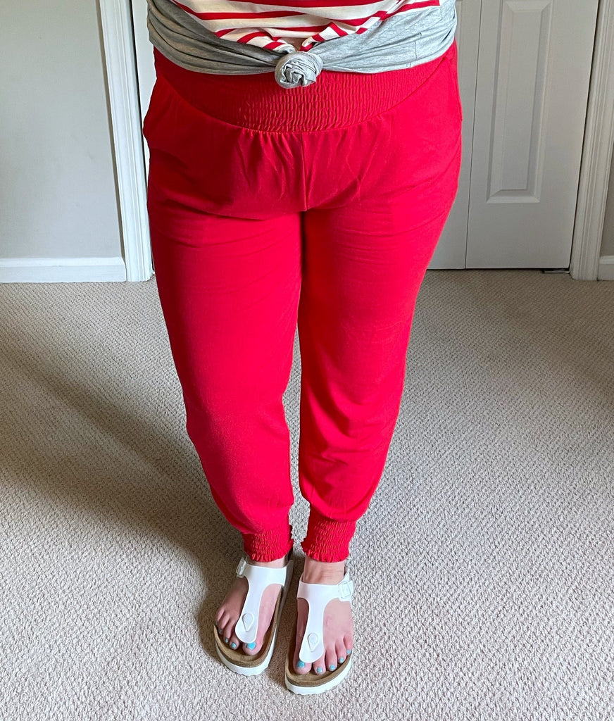 High-Waisted Smocked Joggers with Pockets in Red-Villari Chic, women's online fashion boutique in Severna, Maryland