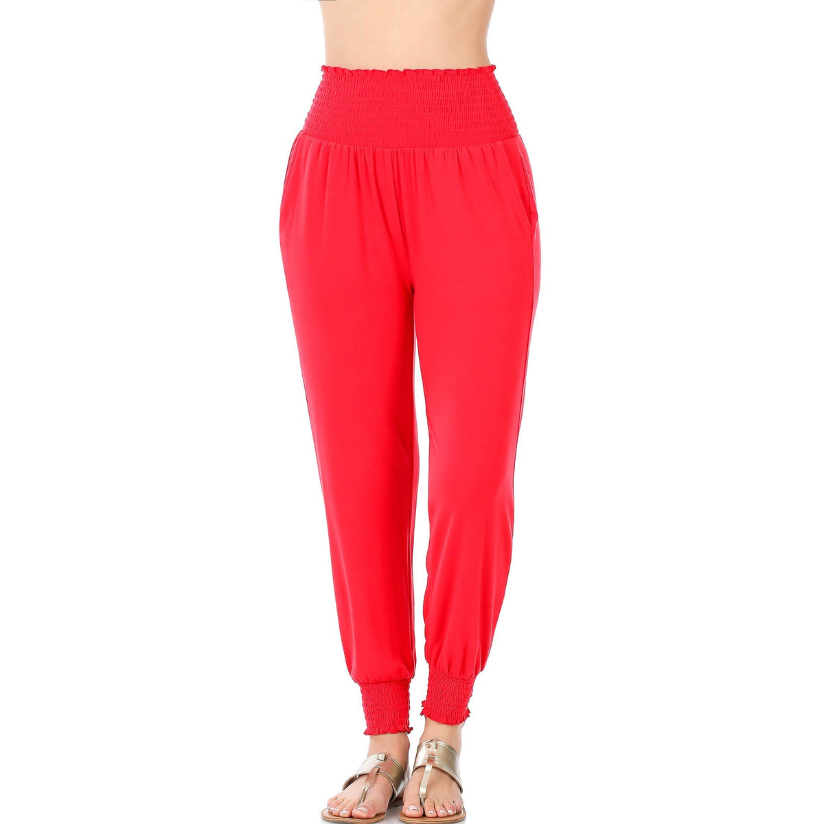 High-Waisted Smocked Joggers with Pockets in Red-Villari Chic, women's online fashion boutique in Severna, Maryland