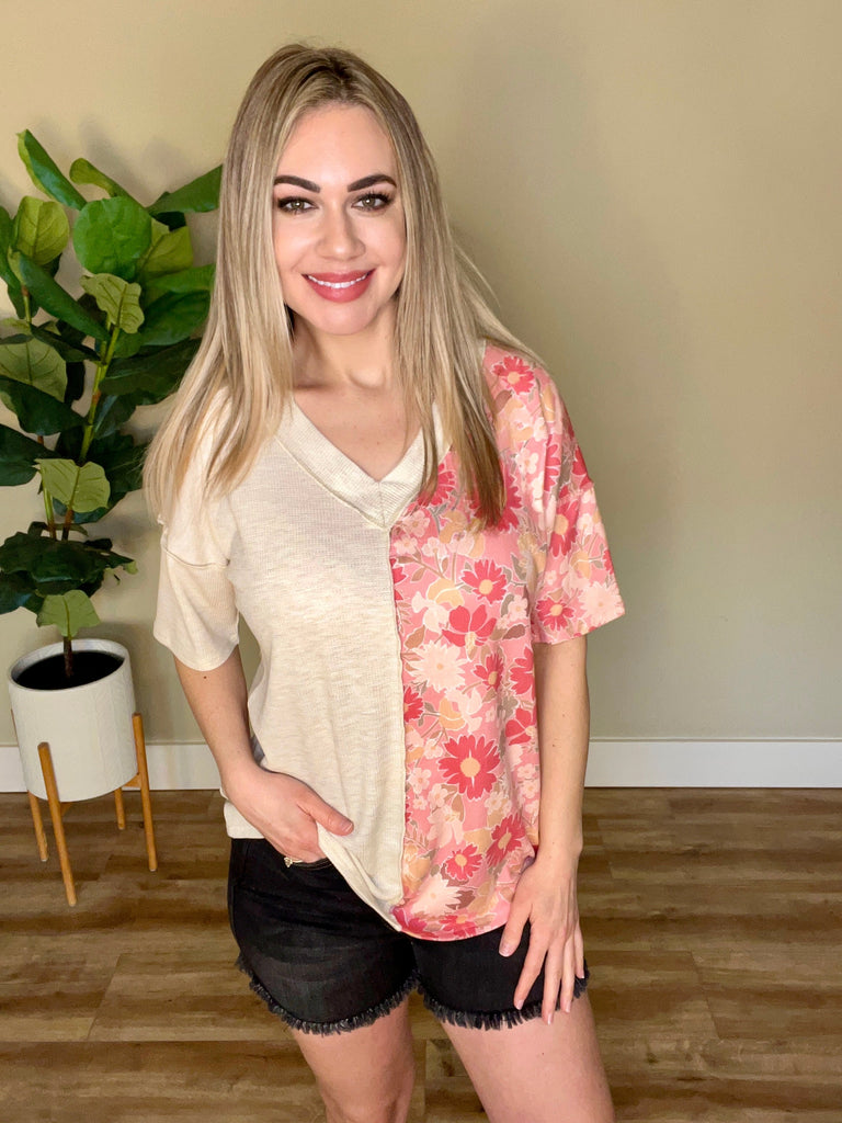 Waffle Knit Color Block V Neck Top in Taupe & Pink Floral-Villari Chic, women's online fashion boutique in Severna, Maryland