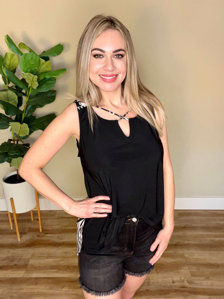 Black Criss Cross Front Sleeveless Top with Abstract Back-Villari Chic, women's online fashion boutique in Severna, Maryland