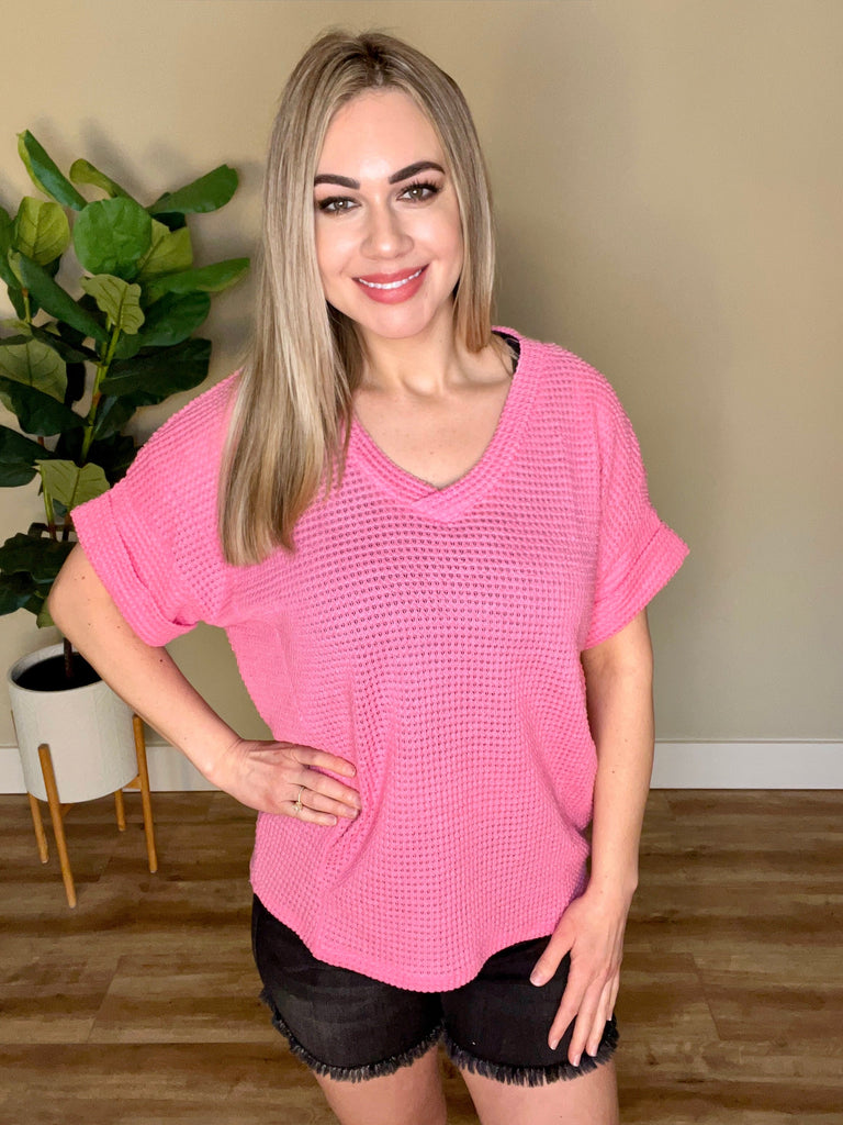 V Neck Waffle Knit Top in Summer Pink-Villari Chic, women's online fashion boutique in Severna, Maryland