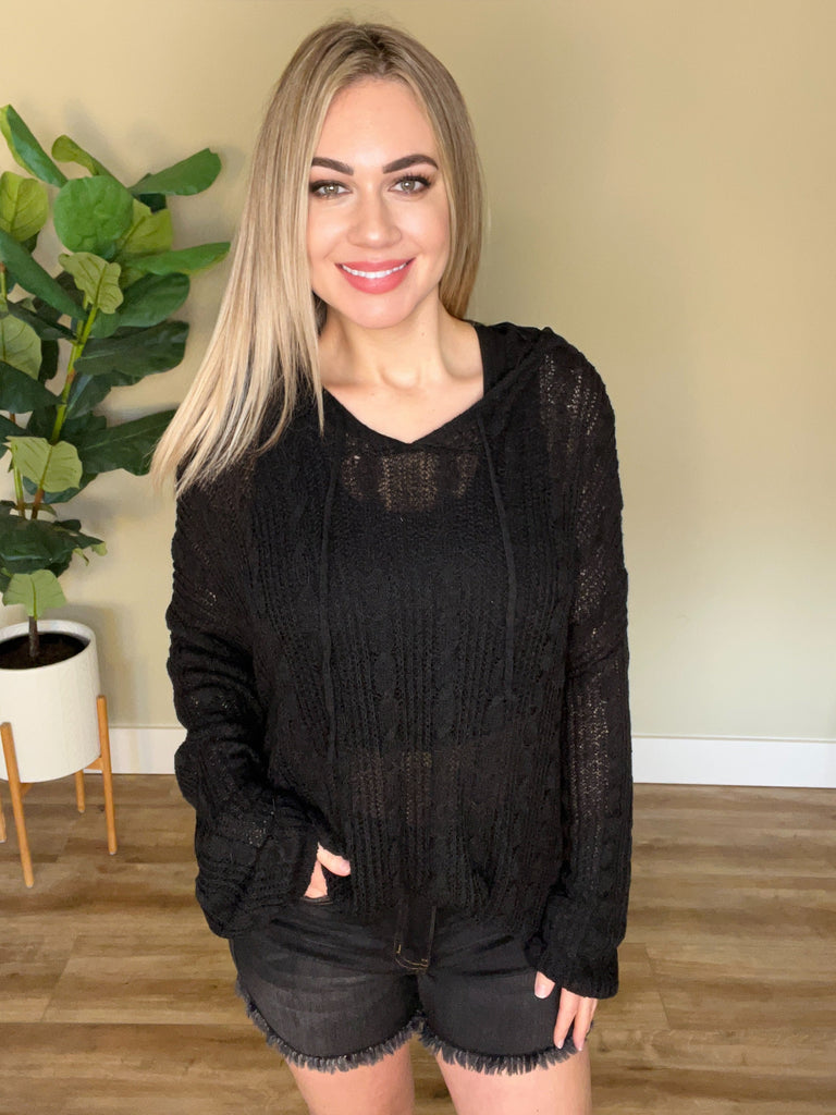 Light Cable Knit Hoodie in Ultra Black-Villari Chic, women's online fashion boutique in Severna, Maryland