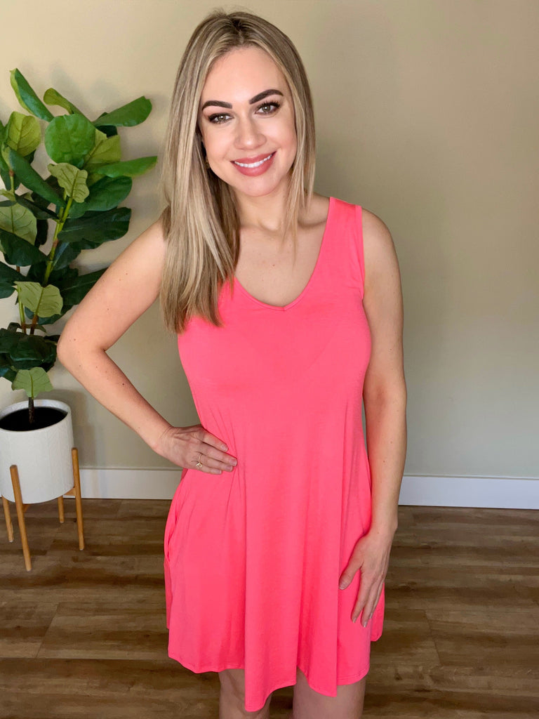 Sleeveless V Neck Dress with Pockets in Neon Pink-Villari Chic, women's online fashion boutique in Severna, Maryland