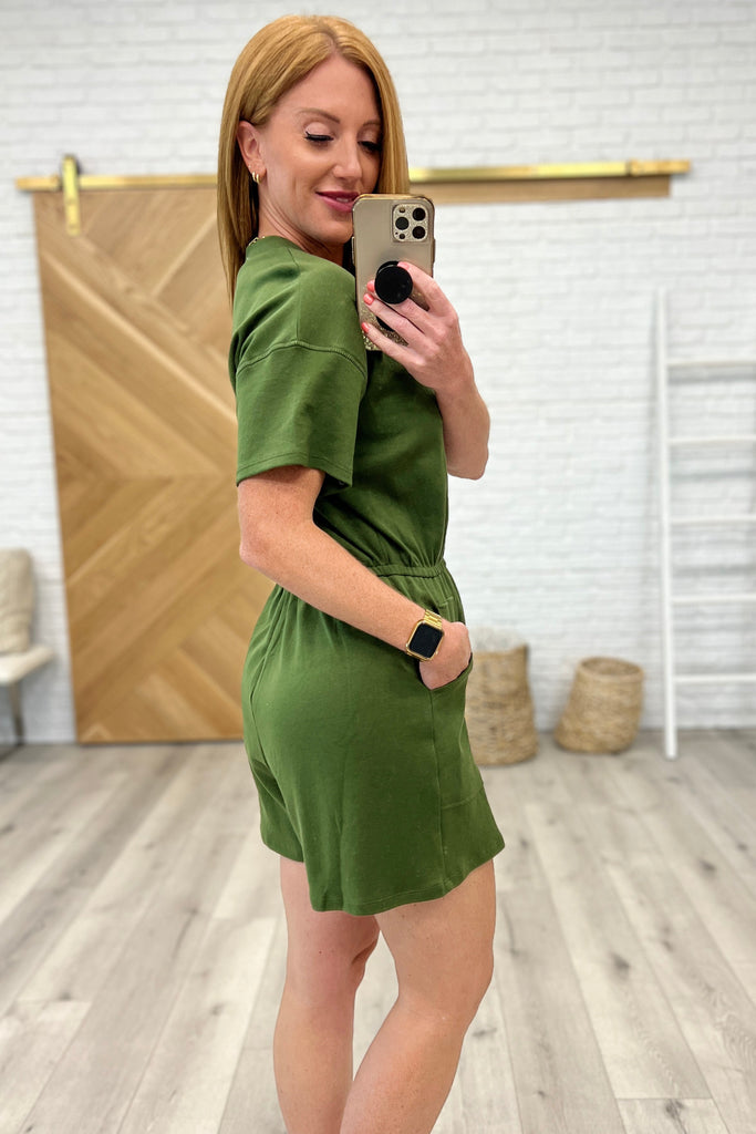 Short-Sleeved V-Neck Romper in Army Green-Womens-Villari Chic, women's online fashion boutique in Severna, Maryland