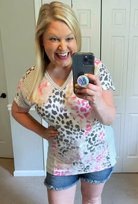 Ultra Soft Leopard & Stripes Tee in Pink & Grey-Villari Chic, women's online fashion boutique in Severna, Maryland