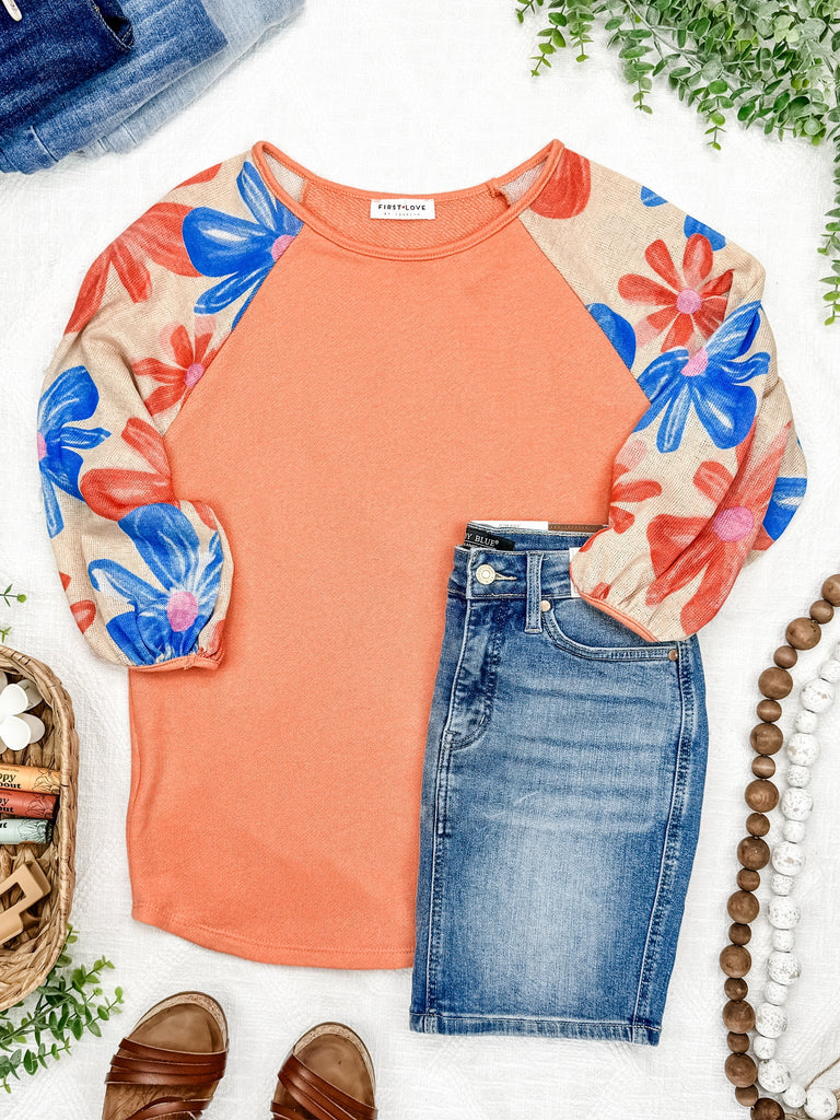 Floral Sleeve Knit Top in Coral Multi-Villari Chic, women's online fashion boutique in Severna, Maryland
