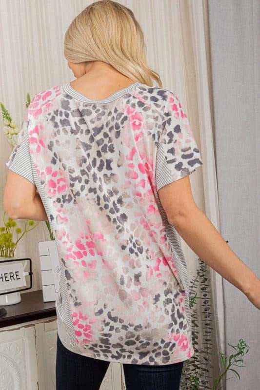 Ultra Soft Leopard & Stripes Tee in Pink & Grey-Villari Chic, women's online fashion boutique in Severna, Maryland