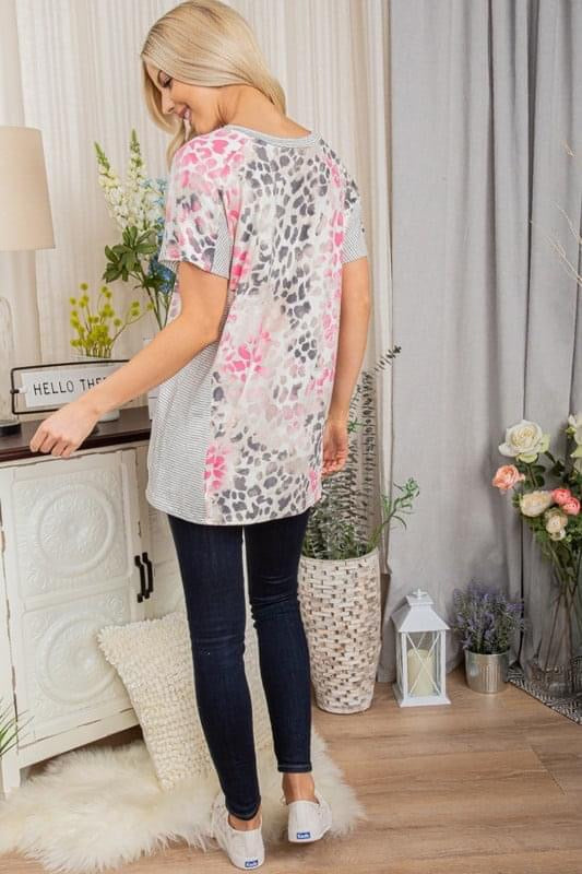 Ultra Soft Leopard & Stripes Tee in Pink & Grey-Villari Chic, women's online fashion boutique in Severna, Maryland
