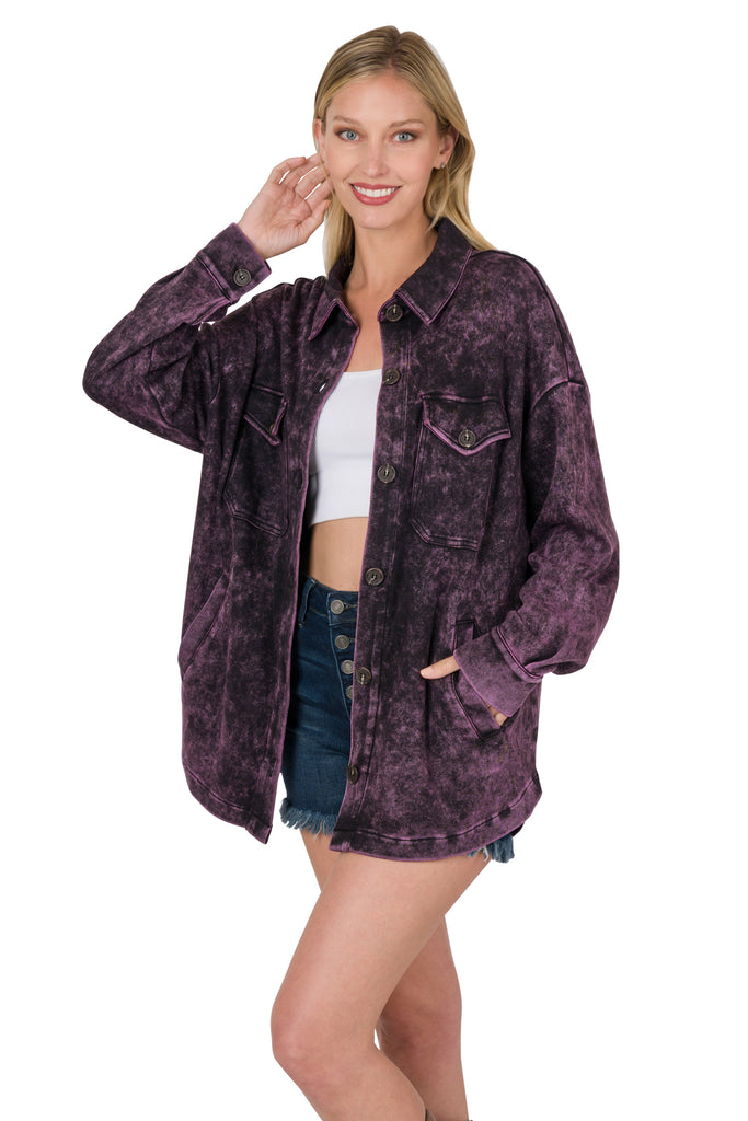 Mineral Washed Shacket in Blackberry-Villari Chic, women's online fashion boutique in Severna, Maryland